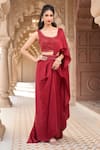 Buy_Aariyana Couture_Red Modal Satin Embroidered Sequins Scoop Pre-draped Saree Skirt With Blouse _at_Aza_Fashions