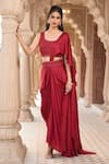 Buy_Aariyana Couture_Red Modal Satin Embroidered Sequins Scoop Pre-draped Saree Skirt With Blouse_Online_at_Aza_Fashions
