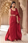 Buy_Aariyana Couture_Red Modal Satin Embroidered Sequins Scoop Pre-draped Saree Skirt With Blouse _Online