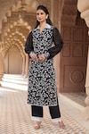 Aariyana Couture_Black Kurta Silk Chanderi Embroidered Floral Vine Shirt Collar And Pant Set_Online