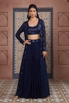 Buy_Aariyana Couture_Blue Viscose Georgette Embroidered Checkered Bustier Sequin Jacket Sharara Set_at_Aza_Fashions