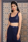 Aariyana Couture_Blue Viscose Georgette Embroidered Checkered Bustier Sequin Jacket Sharara Set_Online_at_Aza_Fashions