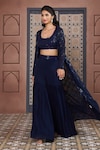 Aariyana Couture_Blue Viscose Georgette Embroidered Checkered Bustier Sequin Jacket Sharara Set _at_Aza_Fashions