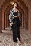 Shop_Aariyana Couture_Black Bustier And Skirt Modal Satin Embroidered Floral Jacket & Draped Set_Online_at_Aza_Fashions