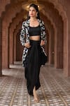 Aariyana Couture_Black Bustier And Skirt Modal Satin Embroidered Floral Jacket & Draped Set_at_Aza_Fashions