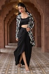 Buy_Aariyana Couture_Black Bustier And Skirt Modal Satin Embroidered Floral Jacket & Draped Set