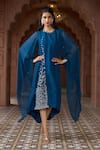 Buy_Aariyana Couture_Blue Tussar Georgette Hand Embroidered Geometric Round Cape Sleeve Tunic _at_Aza_Fashions