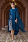 Aariyana Couture_Blue Tussar Georgette Hand Embroidered Geometric Round Cape Sleeve Tunic _Online_at_Aza_Fashions