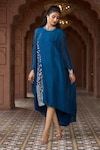 Buy_Aariyana Couture_Blue Tussar Georgette Hand Embroidered Geometric Round Cape Sleeve Tunic_Online_at_Aza_Fashions