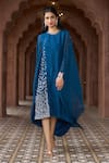 Shop_Aariyana Couture_Blue Tussar Georgette Hand Embroidered Geometric Round Cape Sleeve Tunic_Online_at_Aza_Fashions