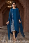 Buy_Aariyana Couture_Blue Tussar Georgette Hand Embroidered Geometric Round Cape Sleeve Tunic 