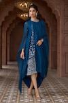 Aariyana Couture_Blue Tussar Georgette Hand Embroidered Geometric Round Cape Sleeve Tunic_Online