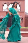 Buy_Aariyana Couture_Green Bustier Dupion Embroidered Floral V Pre-draped Ruffle Saree With Blouse_at_Aza_Fashions