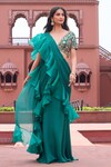 Aariyana Couture_Green Bustier Dupion Embroidered Floral V Pre-draped Ruffle Saree With Blouse _Online