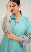 Buy_Daljit Sudan_Blue Linen Cotton Embroidered Aari Floral Kurta And Pant Co-ord Set _Online_at_Aza_Fashions