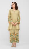 Buy_Daljit Sudan_Green Matka Cotton Embroidered Aari Camp Collar Floral Kurta And Pant Set _at_Aza_Fashions