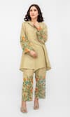 Shop_Daljit Sudan_Green Matka Cotton Embroidered Aari Camp Collar Floral Kurta And Pant Set _Online_at_Aza_Fashions