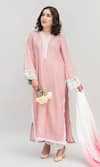 Buy_Daljit Sudan_Pink Linen Cotton Embroidered Aari V Neck Thread Kurta Pant Set _at_Aza_Fashions