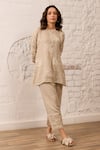 Buy_Label Mansi Nagdev_Ivory Linen Embroidered Thread Mandarin Collar Ivy Kurta With Pant _at_Aza_Fashions