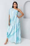 Buy_Vedika M_Blue Satin Printed Abstract Asymmetric Draped Dress With Belt  _at_Aza_Fashions