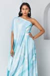 Buy_Vedika M_Blue Satin Printed Abstract Asymmetric Draped Dress With Belt  _Online_at_Aza_Fashions