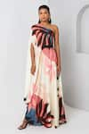 Buy_Vedika M_Multi Color Satin Printed Abstract Floral Asymmetric Draped Dress  _at_Aza_Fashions