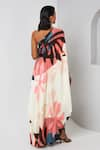 Shop_Vedika M_Multi Color Satin Printed Abstract Floral Asymmetric Draped Dress _at_Aza_Fashions