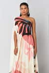 Vedika M_Multi Color Satin Printed Abstract Floral Asymmetric Draped Dress _Online_at_Aza_Fashions