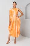 Buy_Vedika M_Orange Satin Printed Abstract Floral Asymmetric Draped Dress  _at_Aza_Fashions