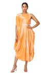 Shop_Vedika M_Orange Satin Printed Abstract Floral Asymmetric Draped Dress  _Online_at_Aza_Fashions