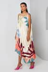 Buy_Vedika M_Multi Color Satin Printed Tropical Boat Neck Draped Dress  _at_Aza_Fashions