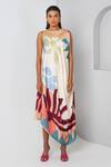 Buy_Vedika M_Multi Color Satin Printed Tropical Boat Neck Draped Dress  _Online_at_Aza_Fashions