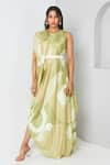 Buy_Vedika M_Green Satin Printed Abstract Round Draped Dress With Belt  _at_Aza_Fashions