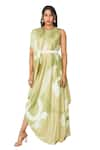 Shop_Vedika M_Green Satin Printed Abstract Round Draped Dress With Belt  _Online_at_Aza_Fashions