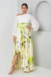 Buy_Vedika M_Green Satin Printed Abstract Asymmetric Placement Dress  _at_Aza_Fashions