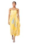 Vedika M_Yellow Satin Printed Abstract Sweetheart Draped Dress _at_Aza_Fashions