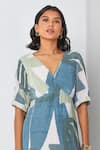 Buy_Vedika M_Green Satin Chiffon Printed Abstract V-neck Textured Dress  _Online_at_Aza_Fashions