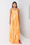 Buy_Vedika M_Orange Satin Printed Abstract Halter Neck Asymmetric Dress  _at_Aza_Fashions