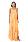 Shop_Vedika M_Orange Satin Printed Abstract Halter Neck Asymmetric Dress  _Online_at_Aza_Fashions