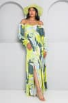 Buy_Vedika M_Green Satin Printed Abstract Off Shoulder Nature Dress  _at_Aza_Fashions