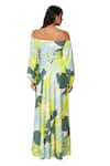 Vedika M_Green Satin Printed Abstract Off Shoulder Nature Dress  _Online_at_Aza_Fashions