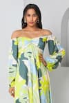 Buy_Vedika M_Green Satin Printed Abstract Off Shoulder Nature Dress  _Online_at_Aza_Fashions