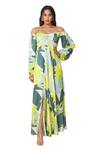 Shop_Vedika M_Green Satin Printed Abstract Off Shoulder Nature Dress  _Online_at_Aza_Fashions