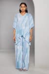 Buy_Vedika M_Blue Satin Chiffon Printed Abstract V-neck Textured Kaftan With Pant  _at_Aza_Fashions