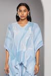 Buy_Vedika M_Blue Satin Chiffon Printed Abstract V-neck Textured Kaftan With Pant  _Online_at_Aza_Fashions