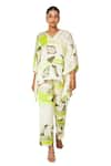 Vedika M_Green Satin Printed Abstract V-neck Kaftan With Pant  _at_Aza_Fashions