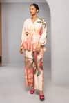 Buy_Vedika M_Multi Color Satin Printed Floral Abstract V Neck Peplum Top And Pant Set _at_Aza_Fashions