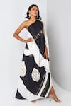 Buy_Vedika M_Black Satin Printed Abstract One-shoulder Asymmetric Maxi Dress  _at_Aza_Fashions