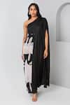 Buy_Vedika M_Black Satin Chiffon Printed Abstract One-shoulder Maxi Dress _at_Aza_Fashions