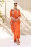 Buy_Koashee by Shubitaa_Orange Bemberg Silk Embroidered Embellished Printed Asymmetric Draped Skirt Set_at_Aza_Fashions